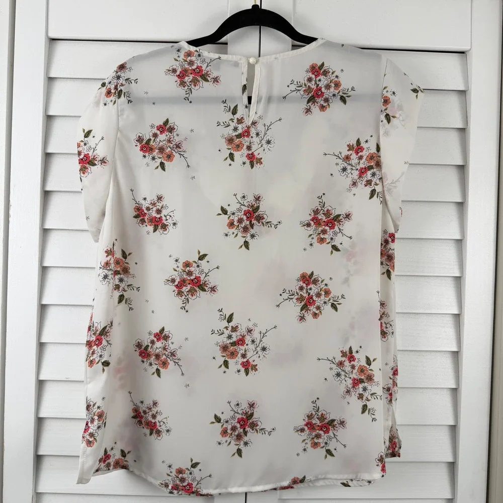 Sweet Rain Blouse Women XL White Floral Strappy V-Neck Cap Sleeve‎ Lightweight
